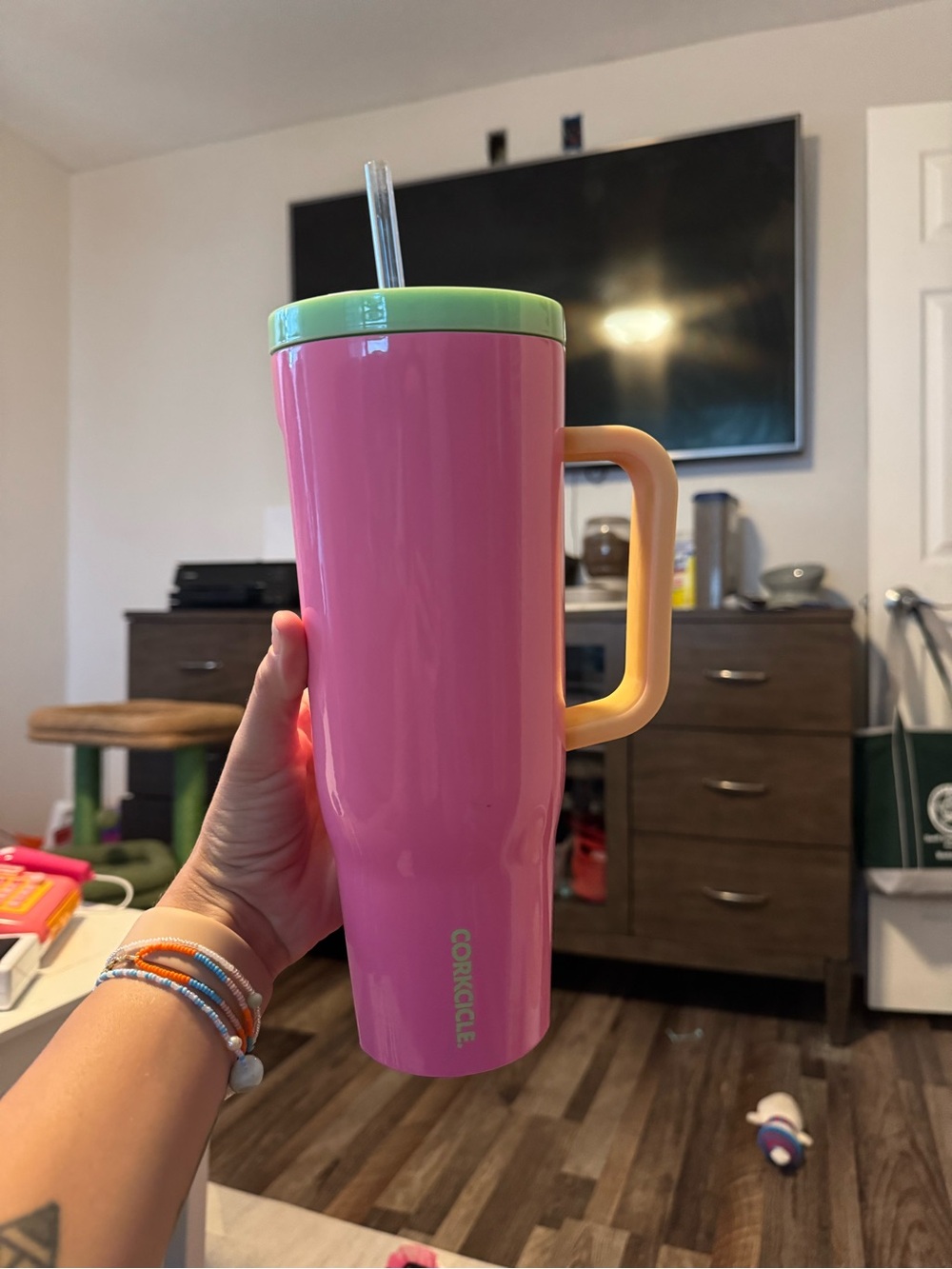 Corkcicle 40oz Pink Tumbler with Yellow Handle and Green Lid